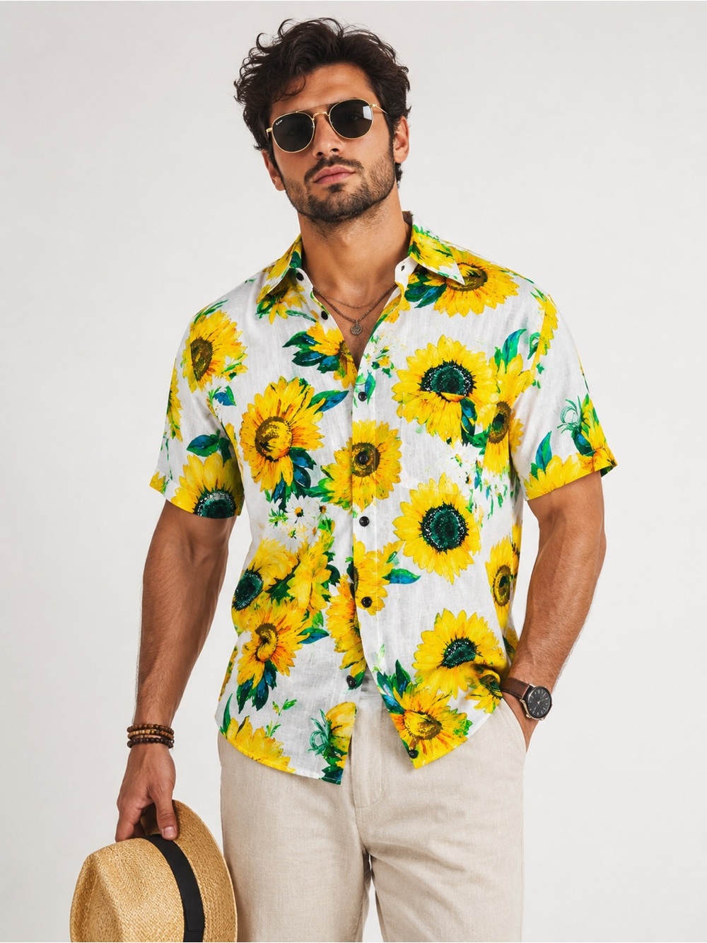 JOGAL Sunflower Floral Hawaiian Camp Shirt White Yellow Short Sleeve L